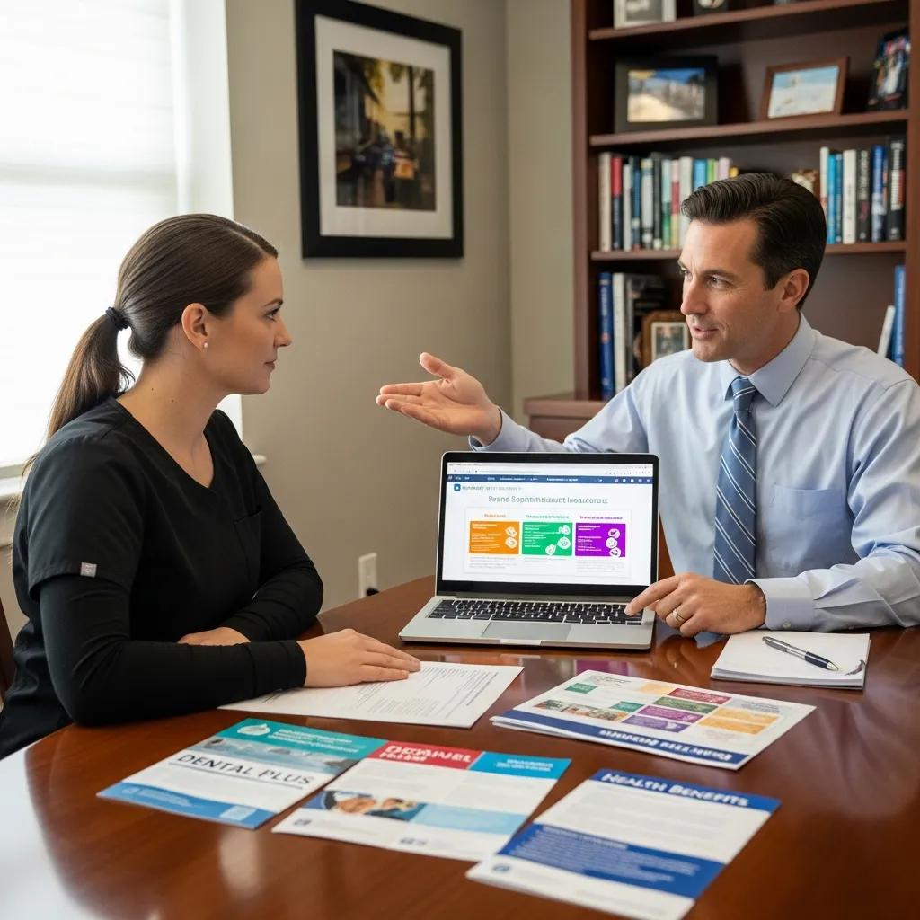 Dental hygienist consulting with an insurance advisor about supplemental insurance options