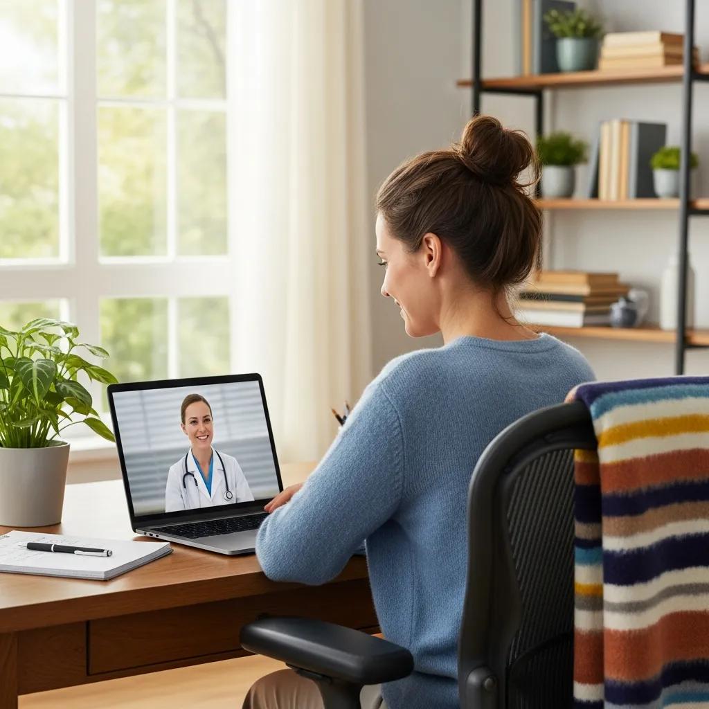 Employee engaging in a telehealth consultation from a home office