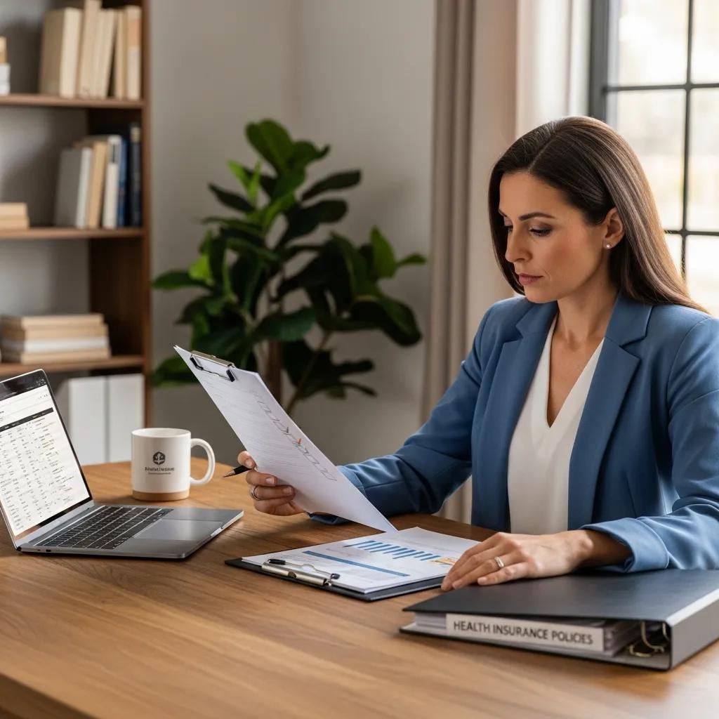 Small business owner reviewing health insurance compliance documents in an office