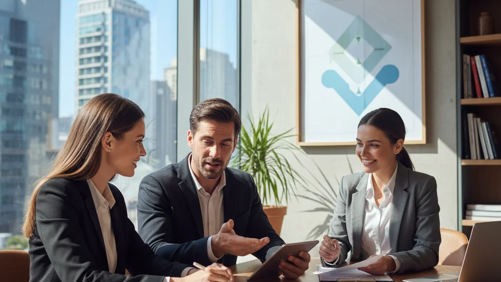 Real estate agent reviewing health insurance plan options with broker in city office
