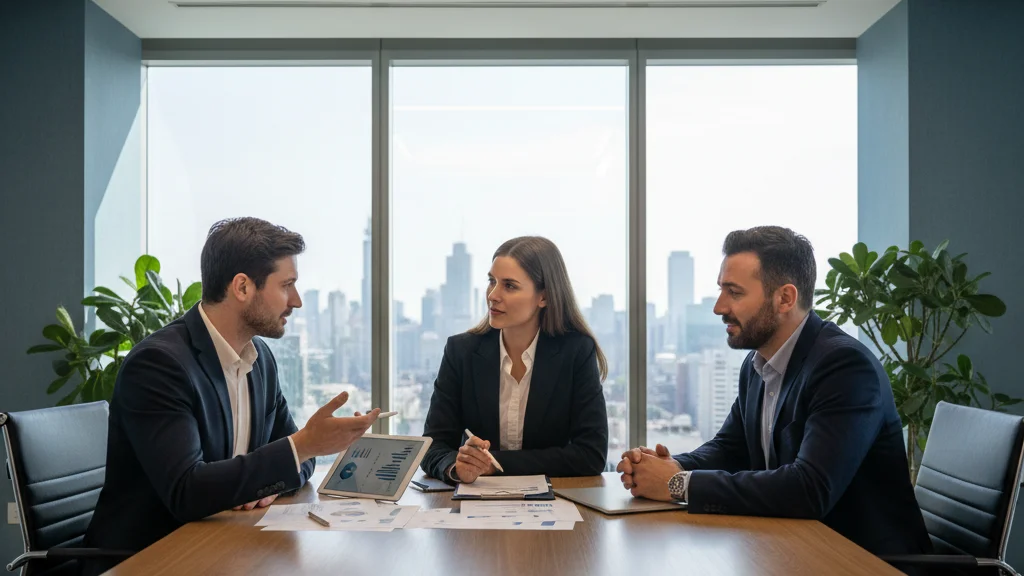 Three people discussing health insurance plan options around a conference table with city views