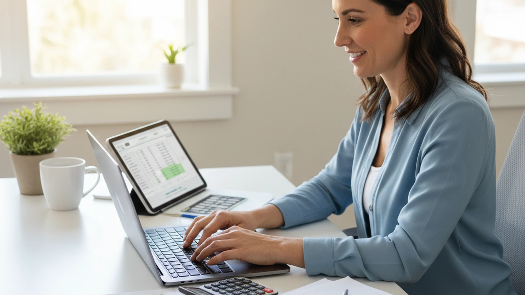 Woman at home office desk reviewing health insurance tax deduction documents on laptop