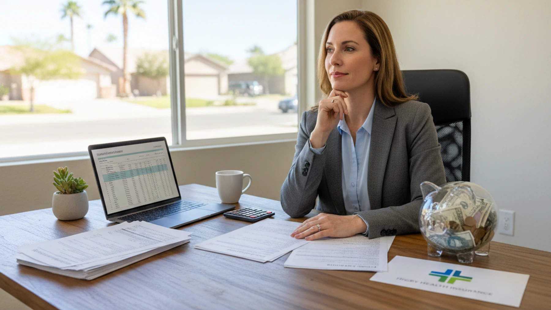 Woman in blazer reviewing tax documents at desk while considering health insurance deduction options