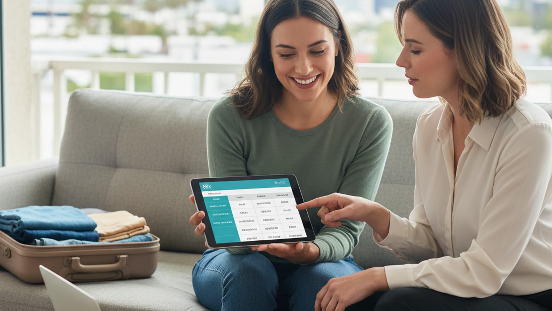 Travel nurse reviewing health insurance plan options on a tablet with an open suitcase nearby