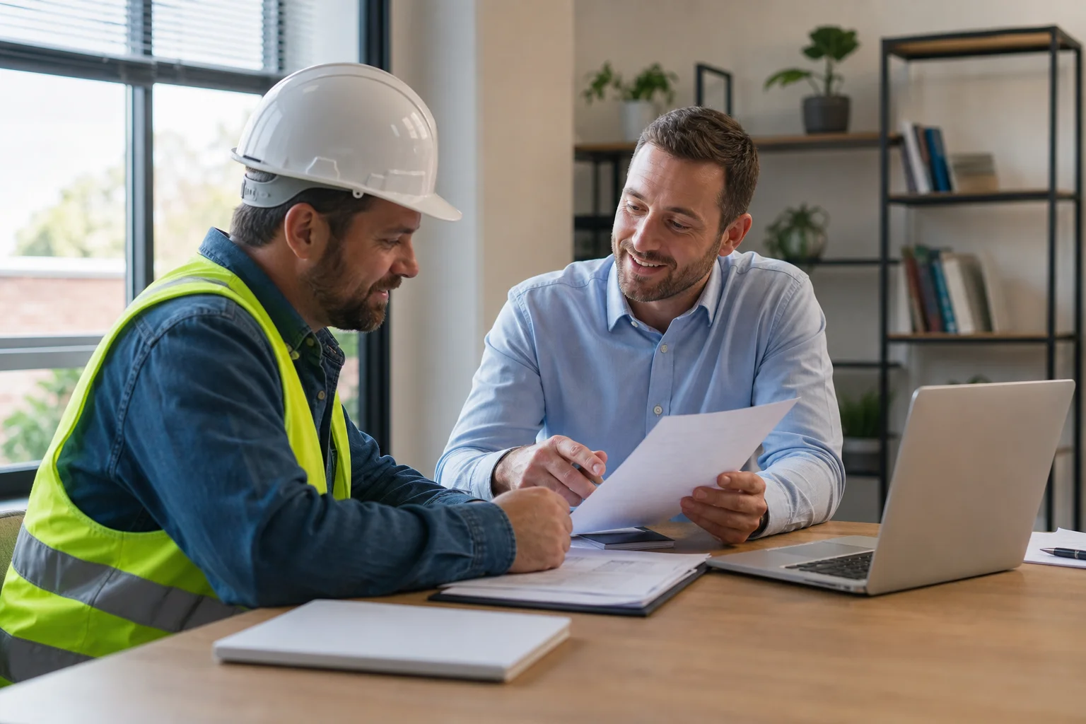 Construction worker and health insurance advisor reviewing plan options together at a desk, construction worker health insurance guide
