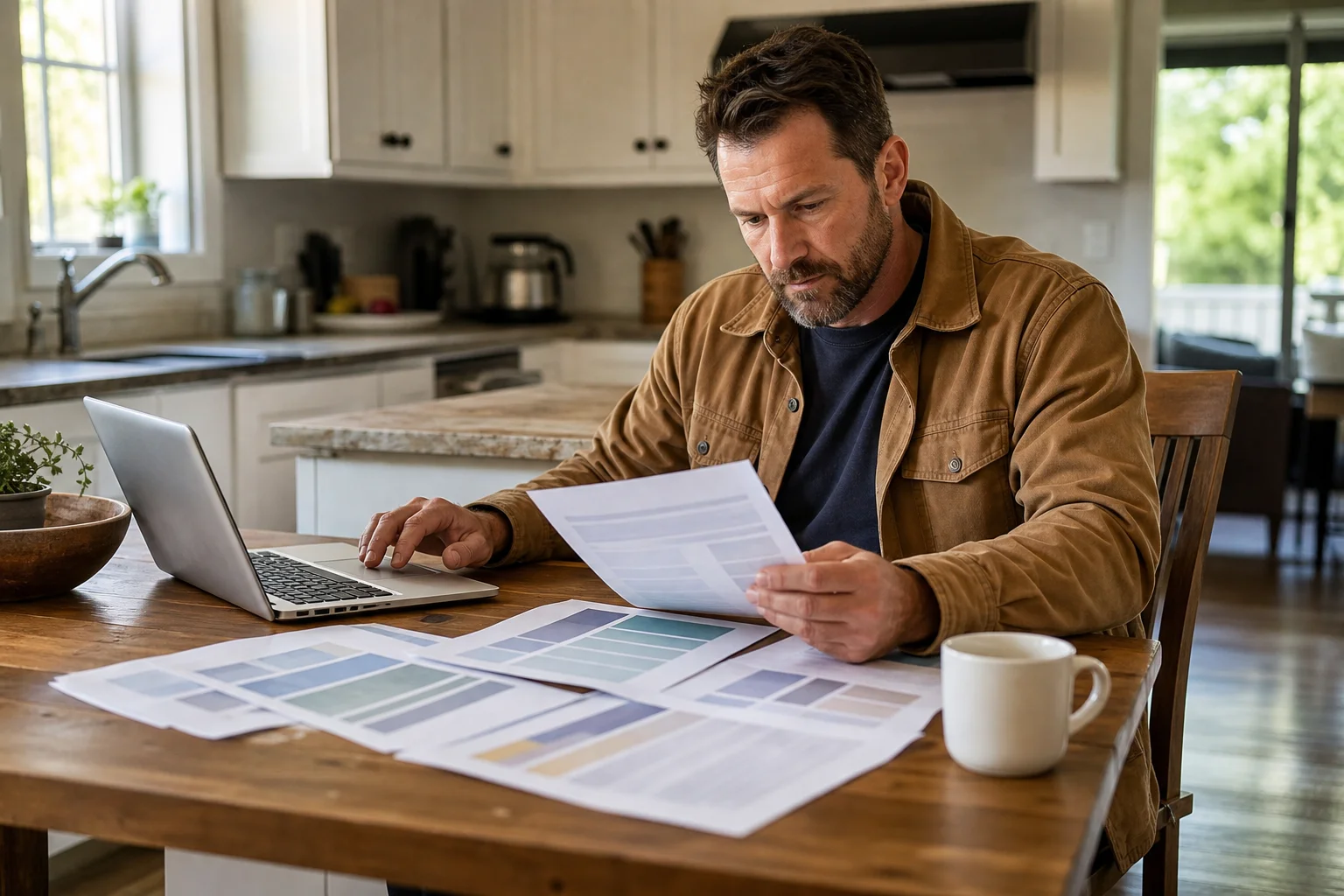 A licensed health insurance advisor meeting with a 1099 construction contractor at a desk, reviewing individual plan options on a laptop in a professional office setting
