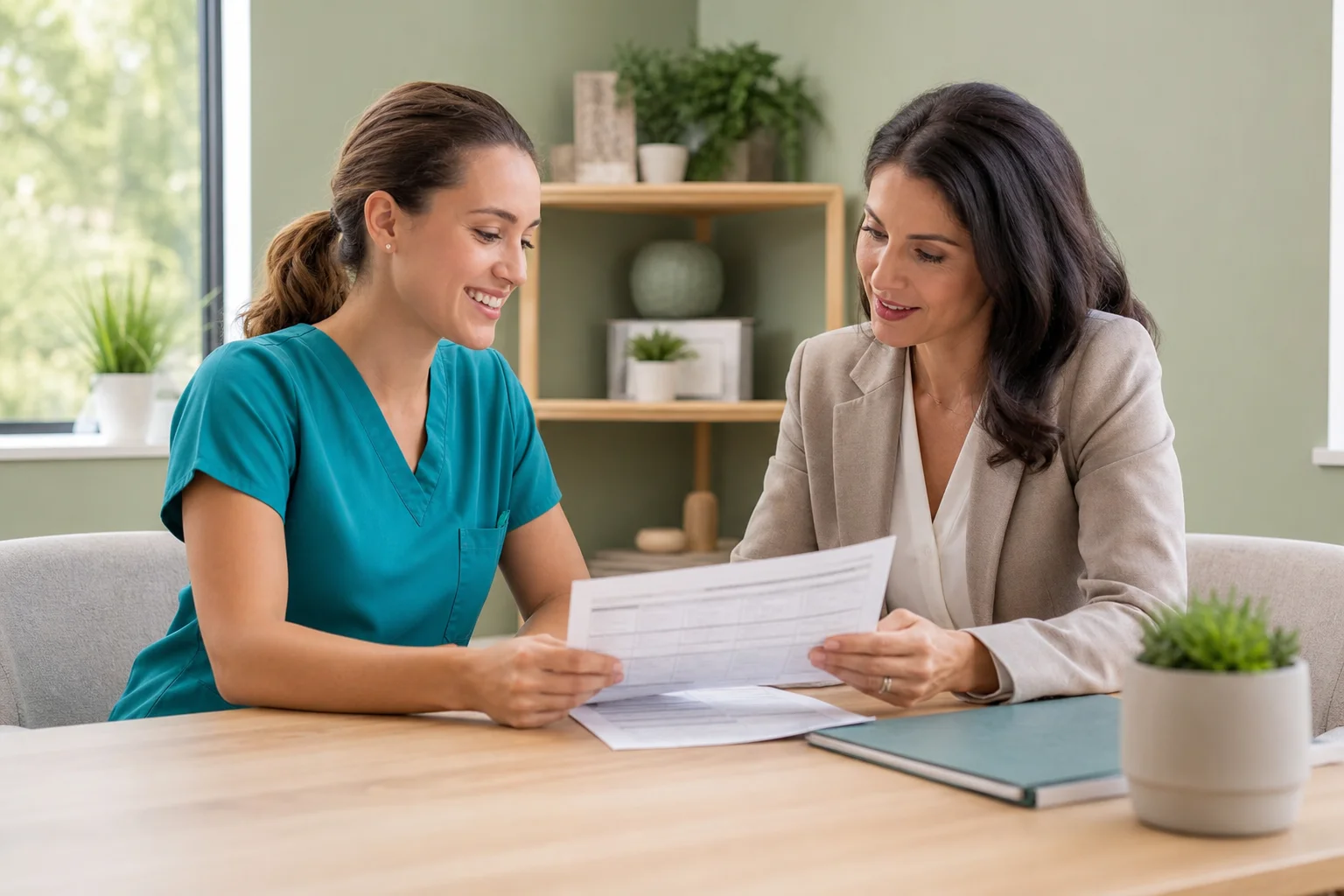 Dental hygienist reviewing health insurance for dental hygienists options with a broker at an office desk
