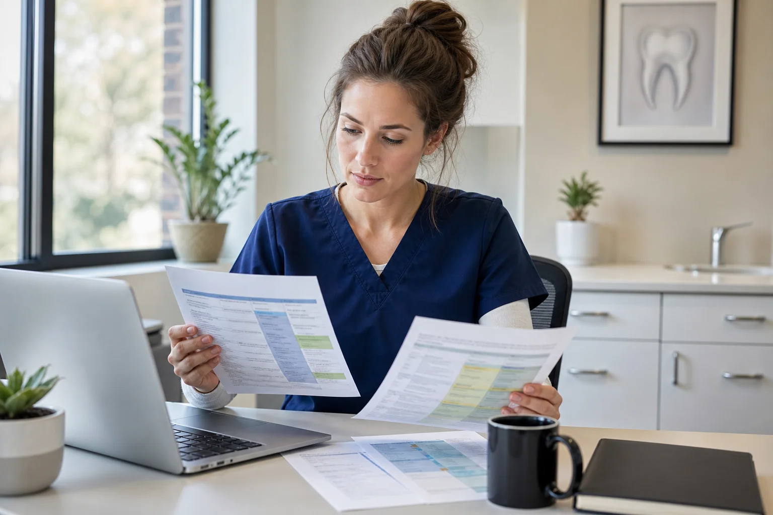 Dental hygienist comparing health insurance plan options at a desk with a broker