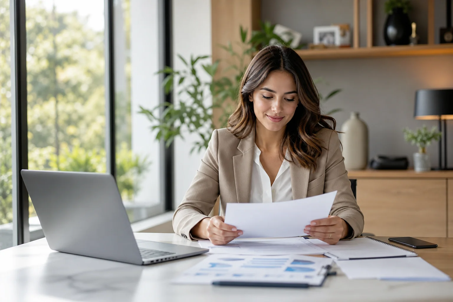 Young real estate agent reviewing health insurance plan documents at a desk, illustrating why healthy real estate agents should consider catastrophic health plans