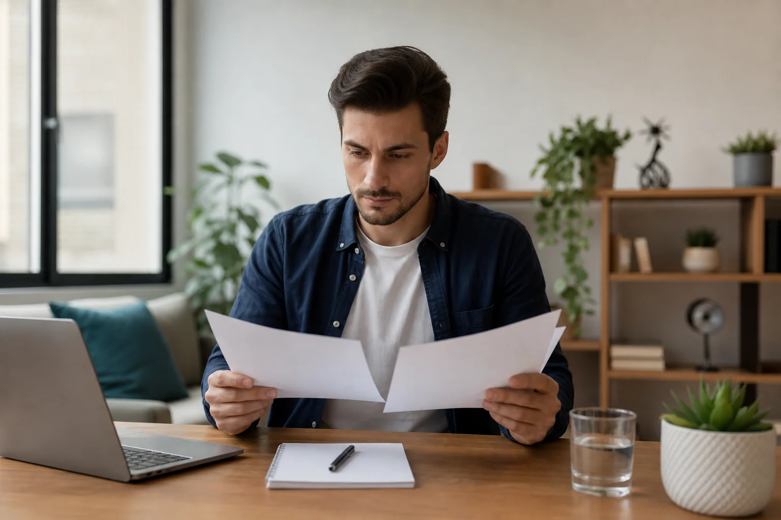 A young professional reviewing catastrophic health insurance plan documents at a modern desk, comparing coverage options on a laptop, warm natural lighting