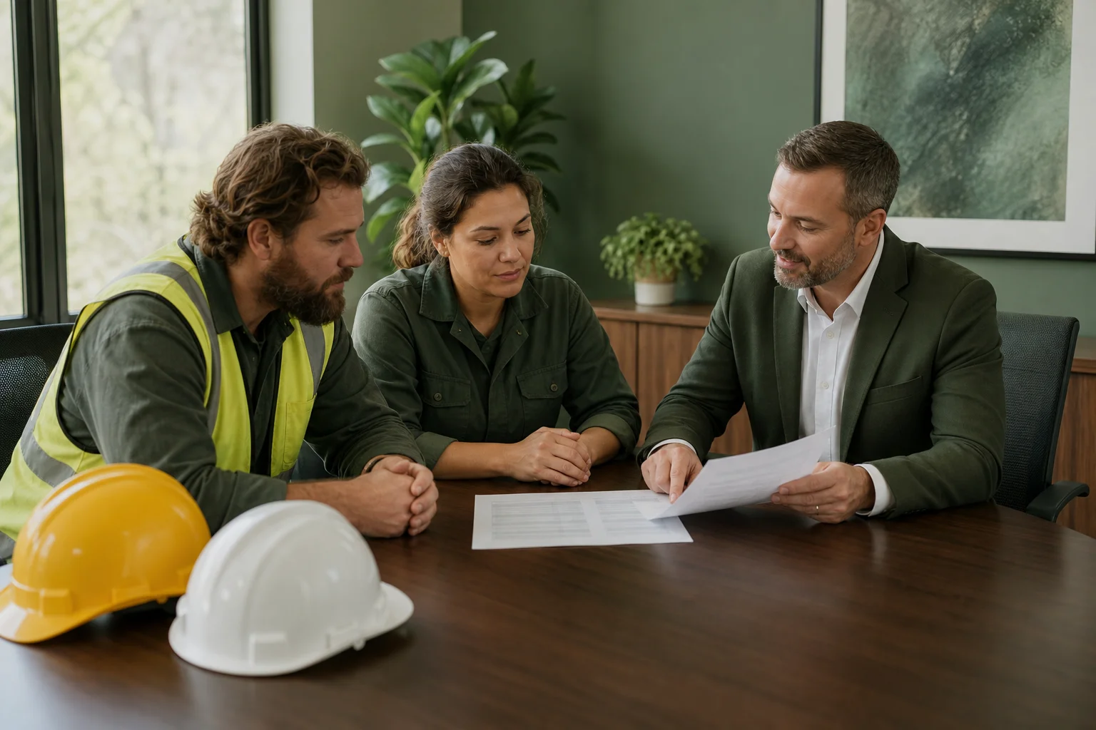 Health insurance advisor reviewing coverage options with construction workers to discuss health insurance costs for construction workers