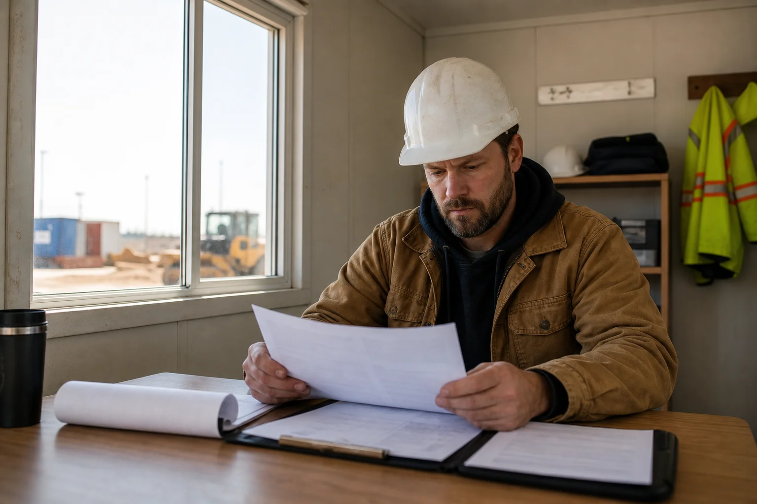 Construction worker and health insurance advisor reviewing coverage options together at a job site trailer office