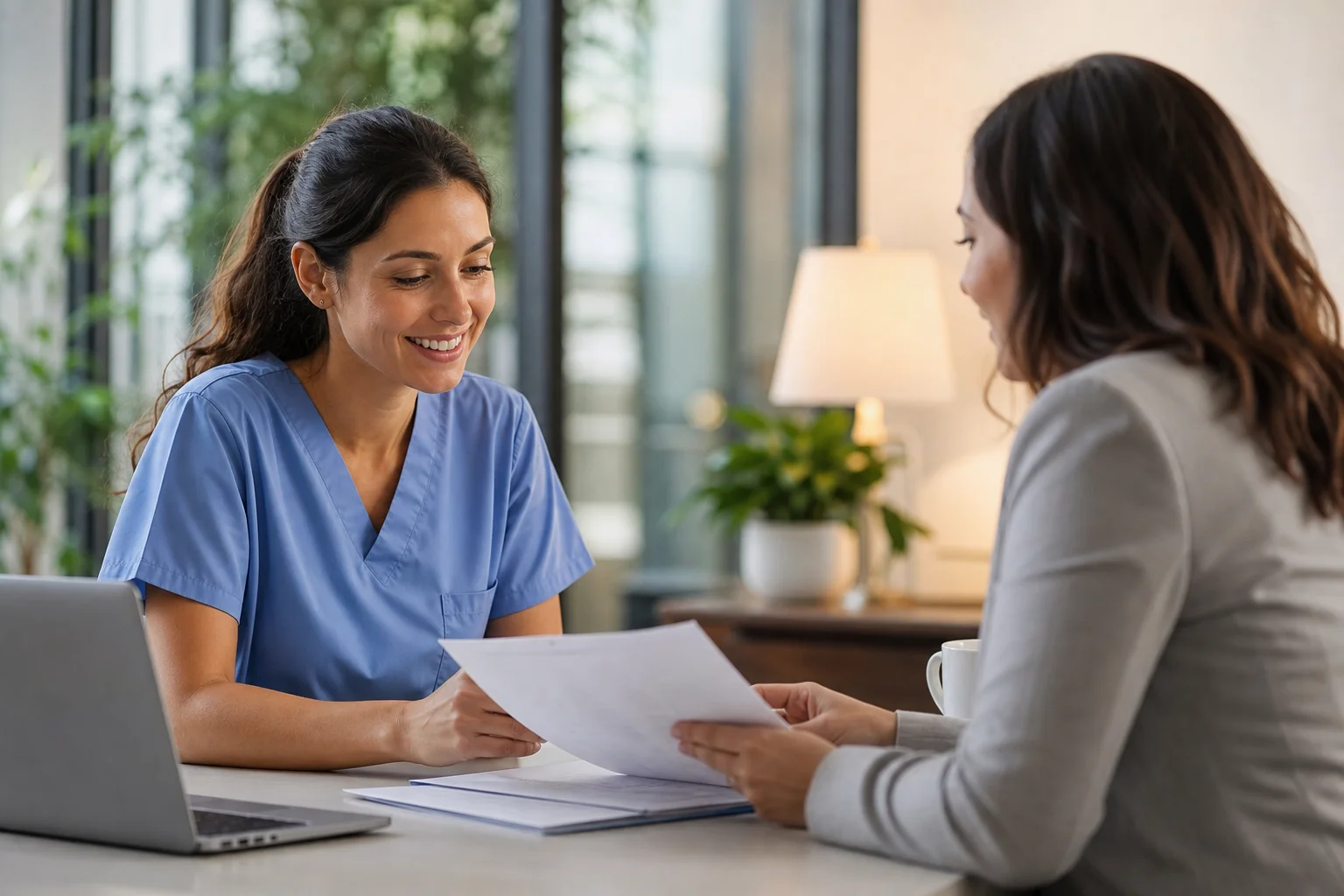 Travel nurse reviewing health insurance costs and plan options with an advisor at a professional desk
