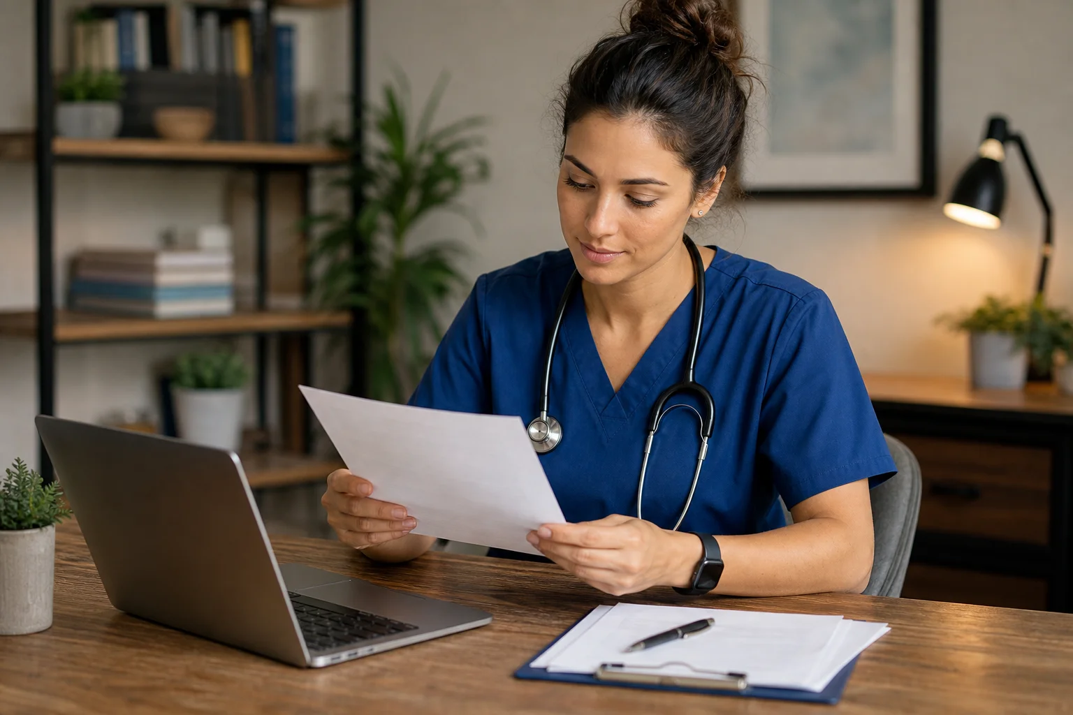 A travel nurse reviewing health insurance plan documents with an advisor at a professional desk