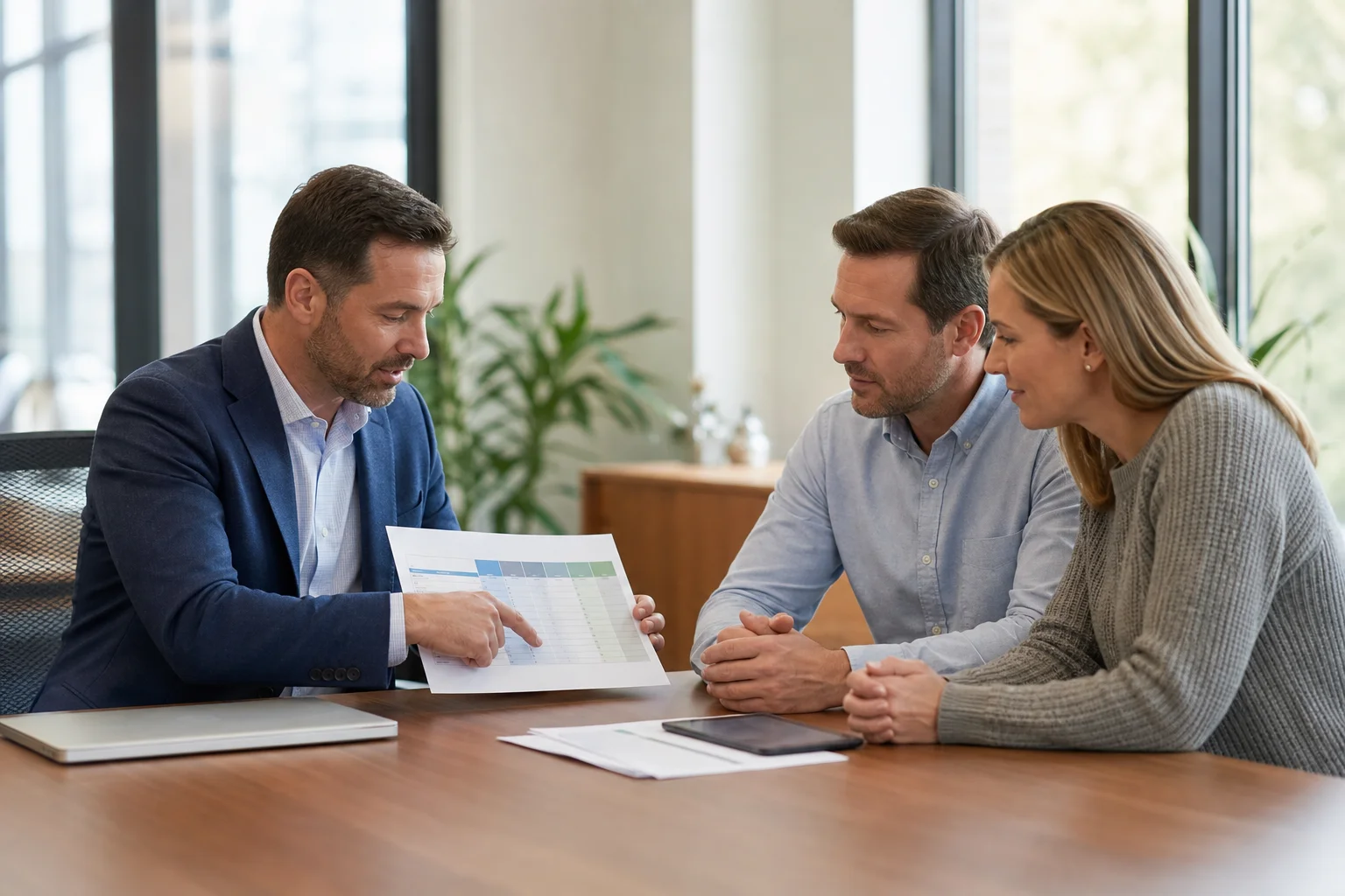 Small business owner meeting with a health insurance advisor to review group health plans and coverage options