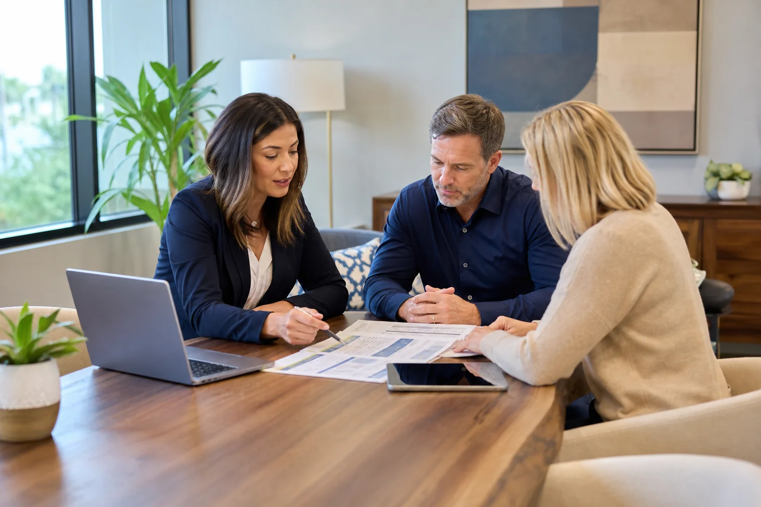 Health insurance broker reviewing small business group health plan options with business owners at a conference table