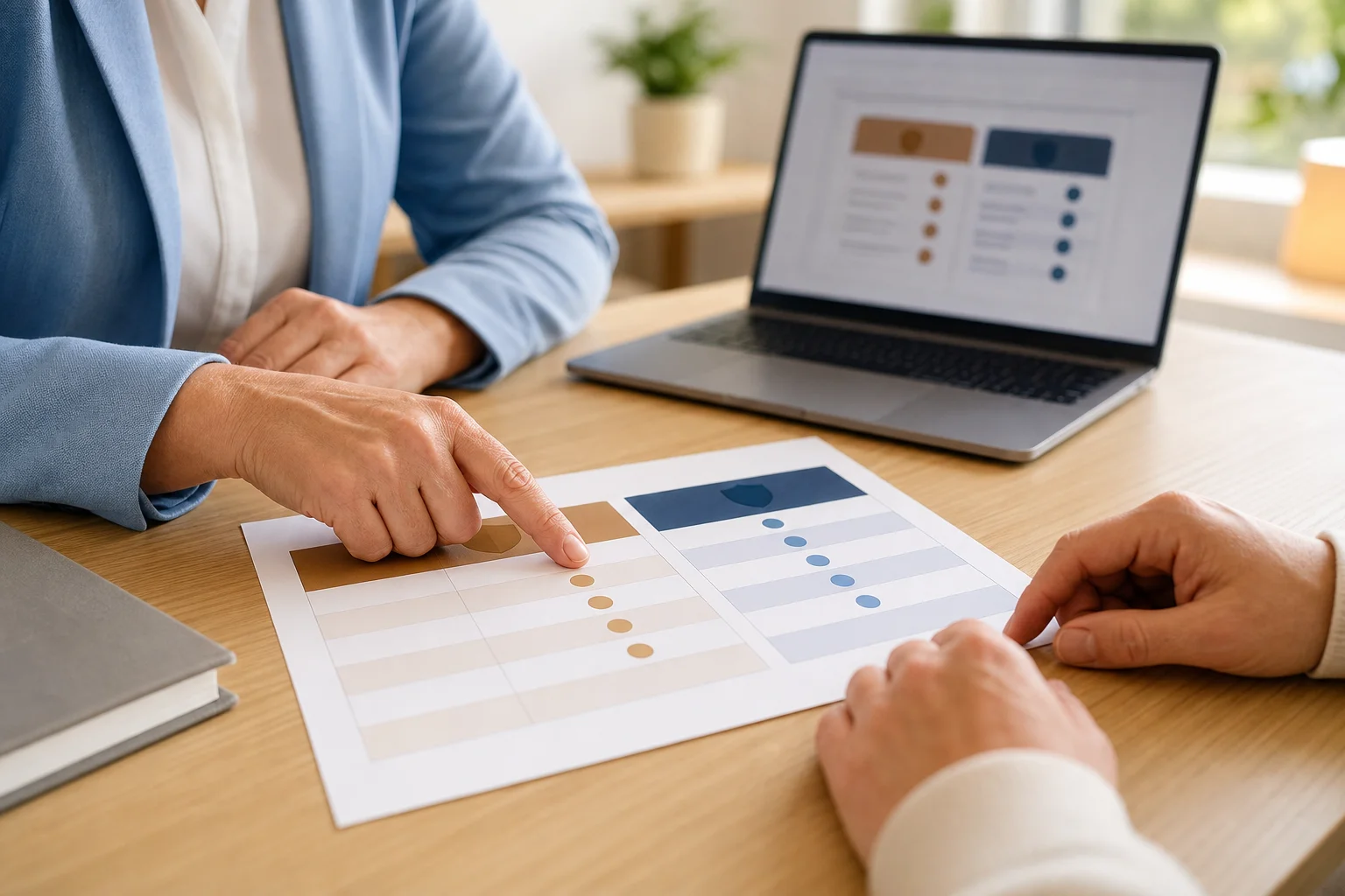 Health insurance advisor pointing to a printed comparison chart of bronze and catastrophic Arizona health plans on a desk
