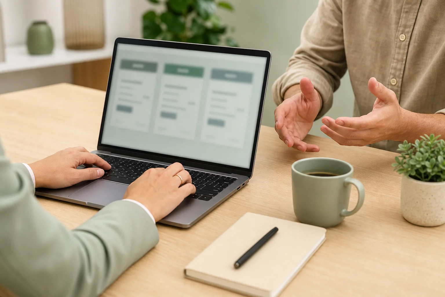 Health insurance advisor reviewing coverage options on a laptop with a self-employed contractor client