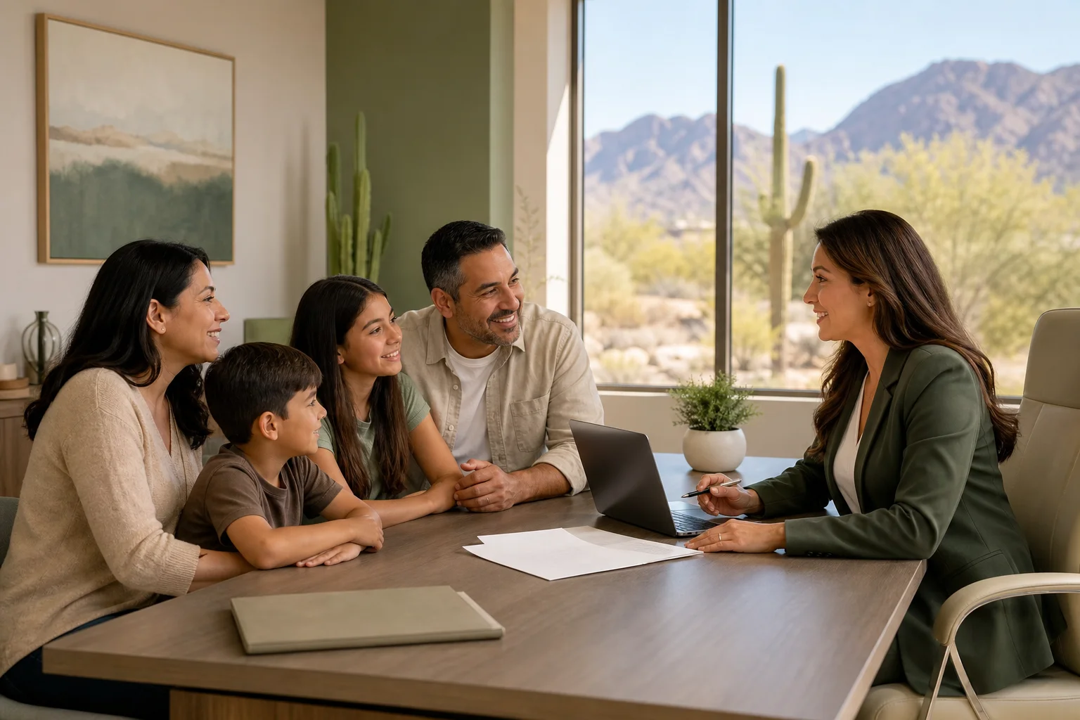 A family comparing family health plans in Scottsdale, Gilbert and Prescott with an insurance advisor at a desk