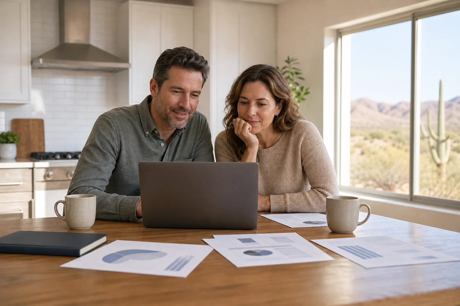 Parents comparing family health plan options together at their kitchen table in Arizona